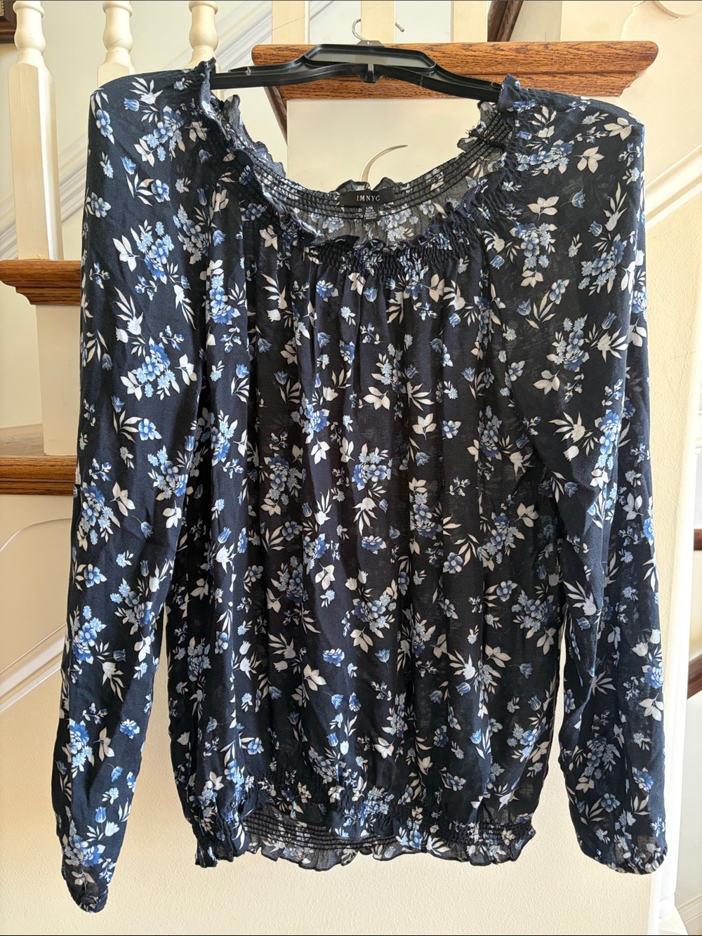 IMNYC Navy Blue Floral Smocked-Neck Long Sleeve Blouse